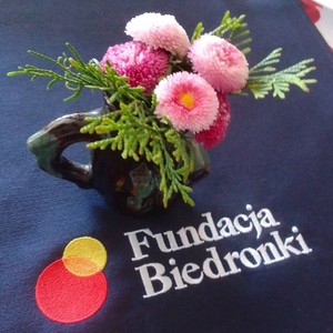 kwiaty w wazonie i napis fundacja biedronka